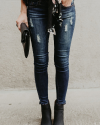  Trendy Mid Waist Broken Holes Blue Denim Jeans