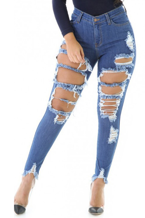  Trendy Mid Waist Broken Holes Blue Denim Pants