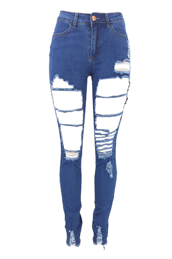  Trendy Mid Waist Broken Holes Blue Denim Pants