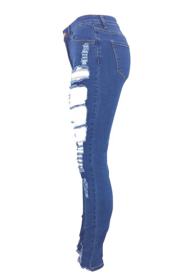  Trendy Mid Waist Broken Holes Blue Denim Pants