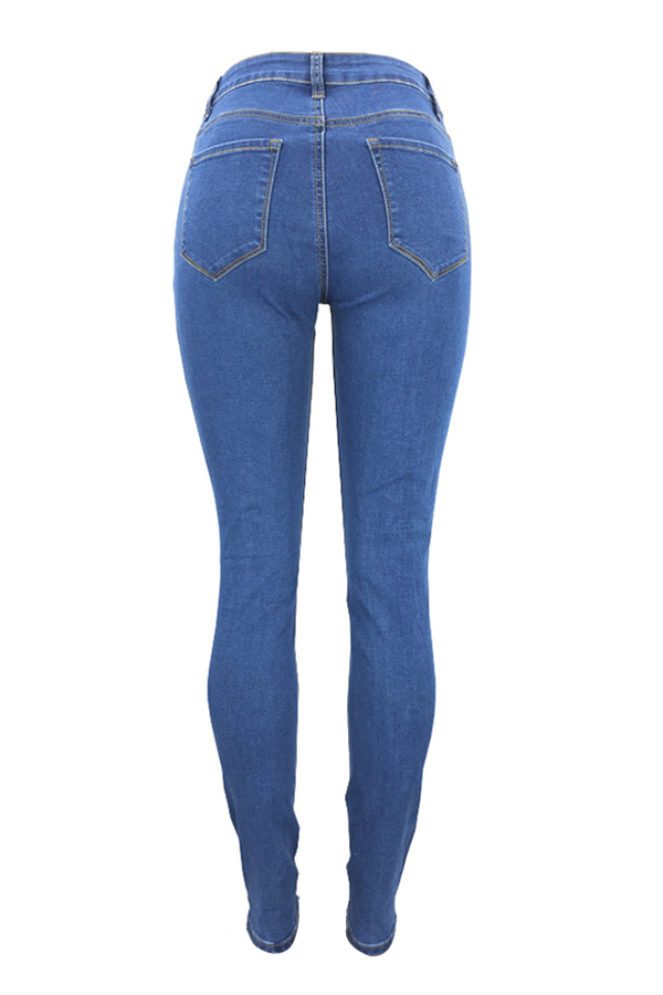  Trendy Mid Waist Broken Holes Blue Denim Pants