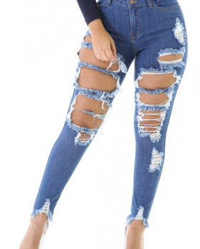  Trendy Mid Waist Broken Holes Blue Denim Pants