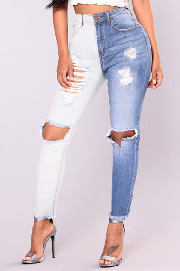  Trendy Mid Waist Broken Holes Blue-white Denim Pants