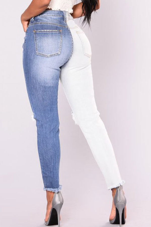  Trendy Mid Waist Broken Holes Blue-white Denim Pants