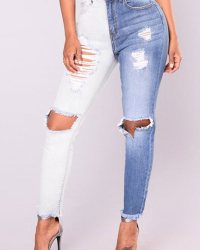 Trendy Mid Waist Broken Holes Blue-white Denim Pants