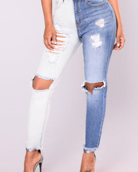  Trendy Mid Waist Broken Holes Blue-white Denim Pants