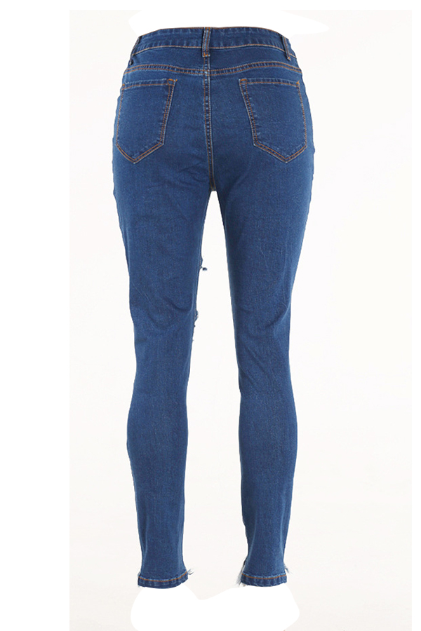  Trendy Mid Waist Broken Holes Deep Blue Denim Pants