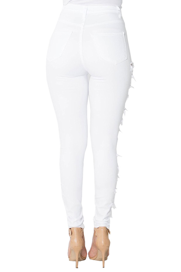  Trendy Mid Waist Broken Holes White Denim Zipped Jeans