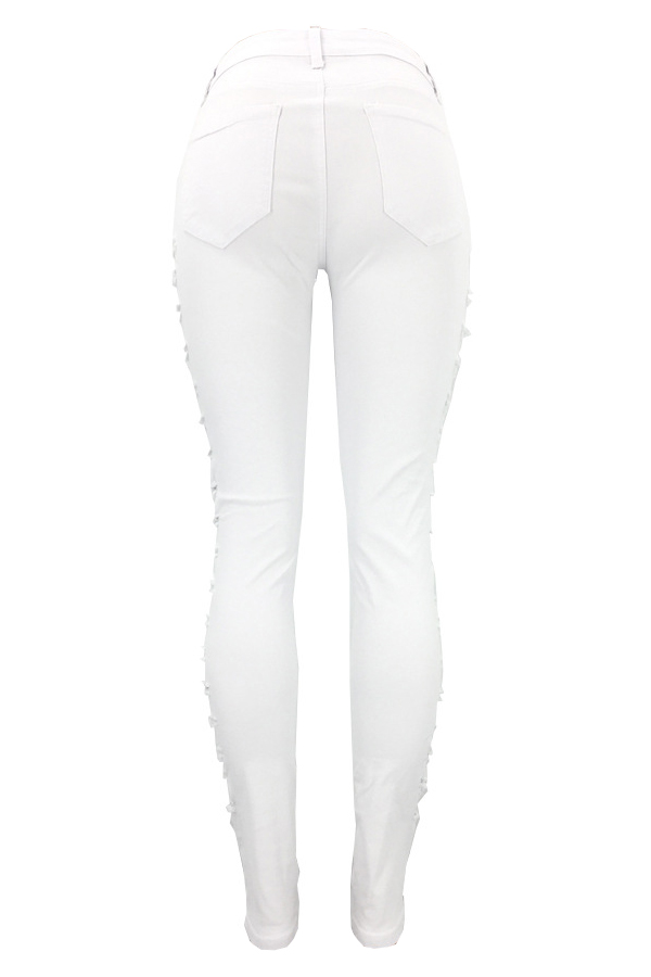  Trendy Mid Waist Broken Holes White Denim Zipped Jeans