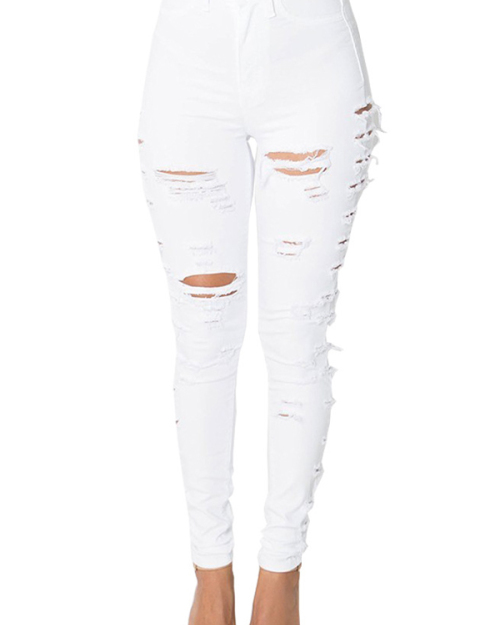 Trendy Mid Waist Broken Holes White Denim Zipped Jeans Trendy Mid Waist Broken Holes White Denim Zipped Jeans