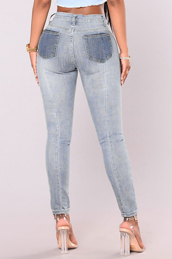  Trendy Mid Waist Patchwork Light Blue Denim Pants