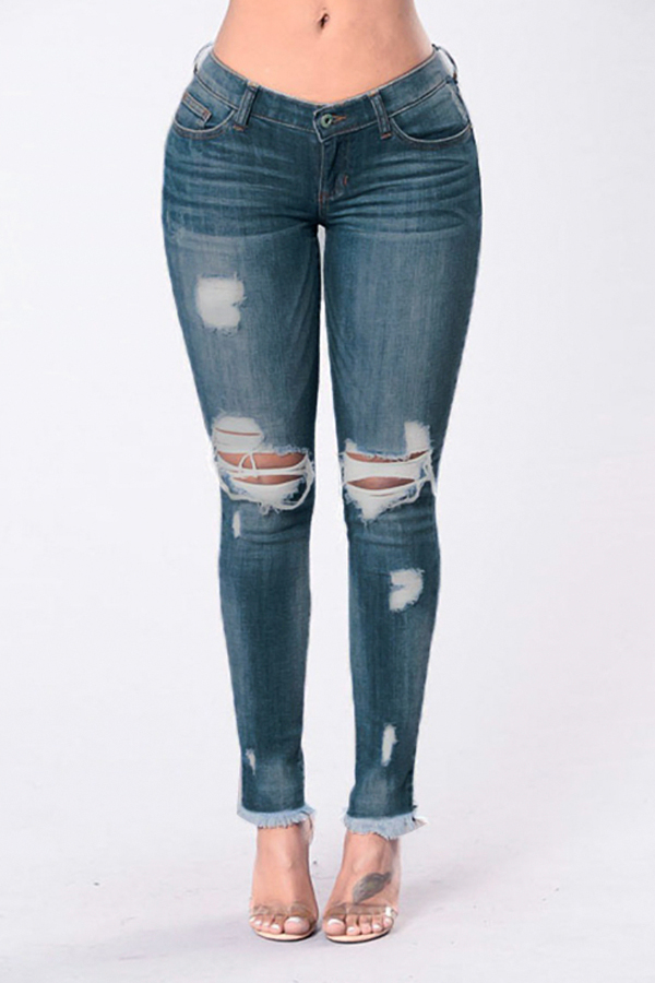  Trendy Mid Wasit Broken Holes Dark Blue Denim Pants 