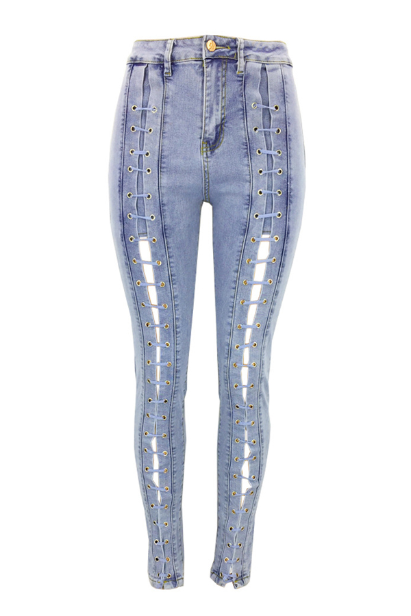  denim Solid Zipper Fly High Regular Pants Jeans