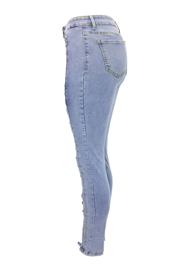  denim Solid Zipper Fly High Regular Pants Jeans