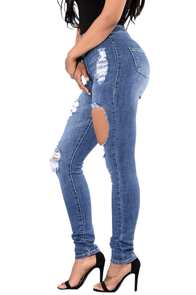 Euramerican High Waist Broken Holes Blue Denim Jeans