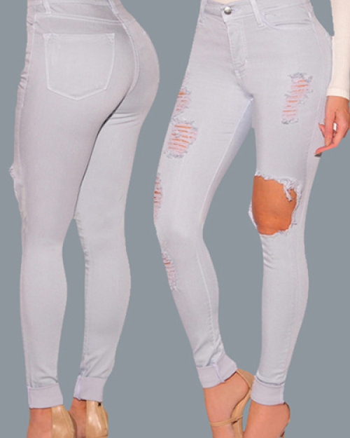 Euramerican High Waist Broken Holes Design Grey Cotton Jeans Euramerican High Waist Broken Holes Design Grey Cotton Jeans