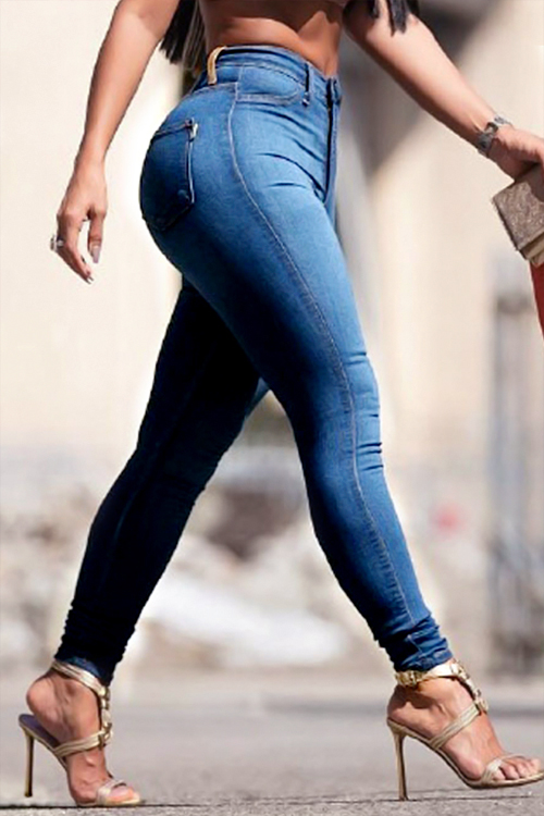 Euramerican High Waist Zipper Design Blue Denim Pants