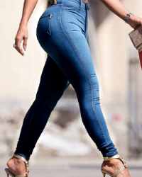 Euramerican High Waist Zipper Design Blue Denim Pants