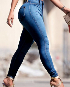 Euramerican High Waist Zipper Design Blue Denim Pants