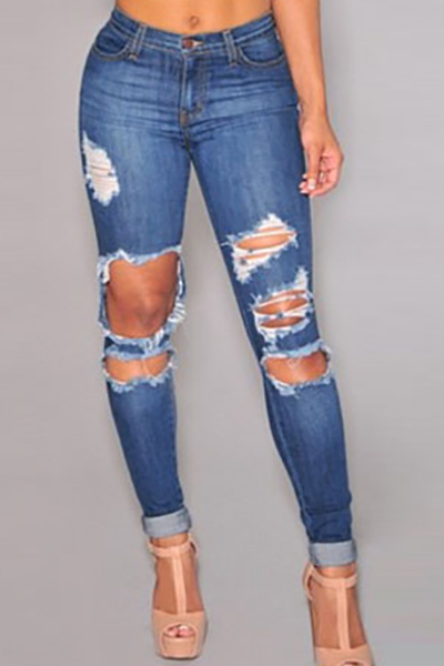Fashion High Waist Broken Holes Blue Cotton Blend Skinny Jeans