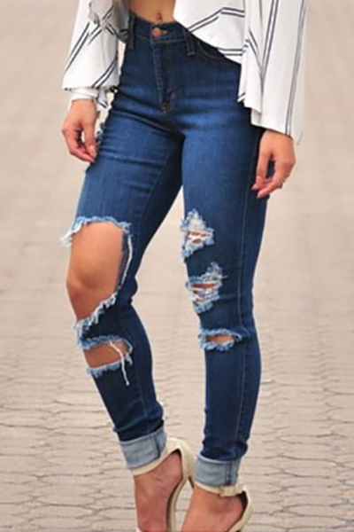 Fashion High Waist Broken Holes Blue Cotton Blend Skinny Jeans