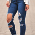 Fashion High Waist Broken Holes Blue Cotton Blend Skinny Jeans