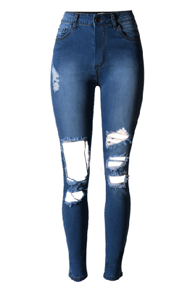 Fashion High Waist Broken Holes Blue Cotton Blend Skinny Jeans