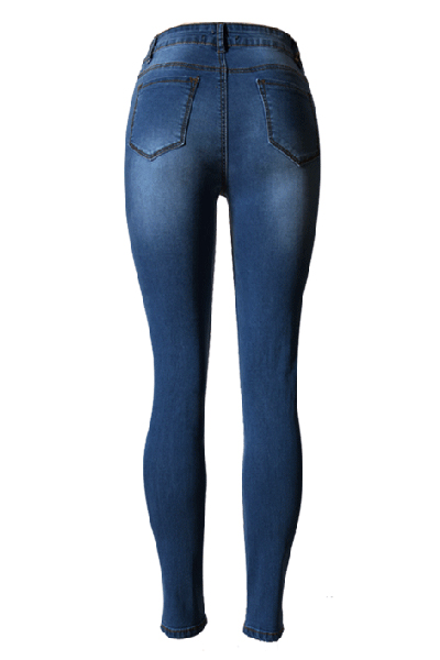 Fashion High Waist Broken Holes Blue Cotton Blend Skinny Jeans