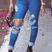 Fashion High Waist Broken Holes Blue Cotton Blend Skinny Jeans