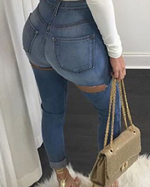 Fashion Mid Waist Button Fly Broken Holes Blue Cotton Blend Skinny Jeans Fashion Mid Waist Button Fly Broken Holes Blue Cotton Blend Skinny Jeans