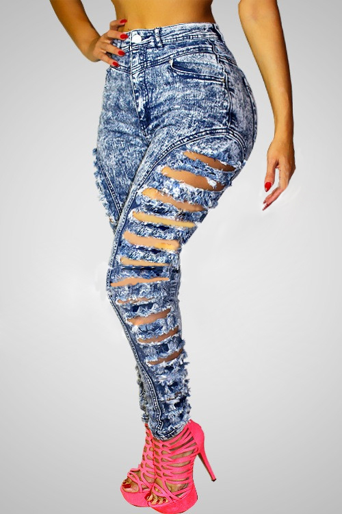 Hot ! Womens Broken Hole Ripped Stylish High-Waisted Skinny Ripped Jeans
