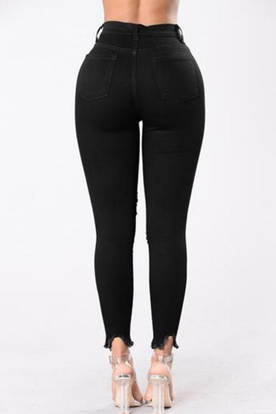 Leisure High Waist Broken Holes Black Cotton Jeans