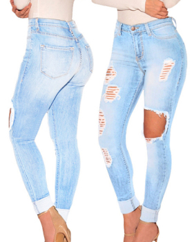 Sexy High Waist Broken Holes Blue Cotton Jeans