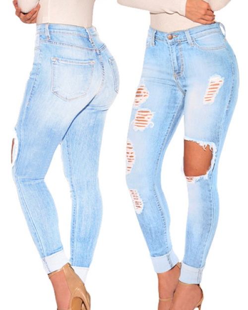 Sexy High Waist Broken Holes Blue Cotton Jeans Sexy High Waist Broken Holes Blue Cotton Jeans