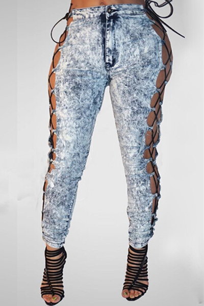 Sexy High Waist Lace-up Hollow-out Blue Denim Jeans
