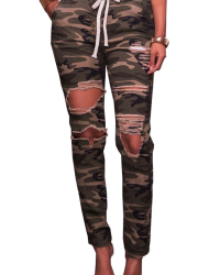 Stylish Camouflage Printed Broken Holes Denim Pants