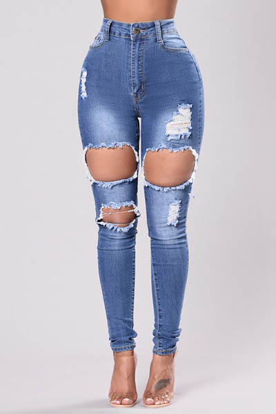 Stylish High Waist Broken Holes Blue Cotton Skinny Pants