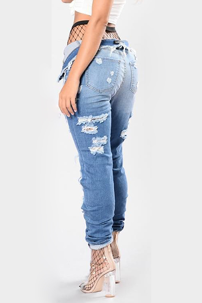 Stylish High Waist Broken Holes Blue Denim Jeans