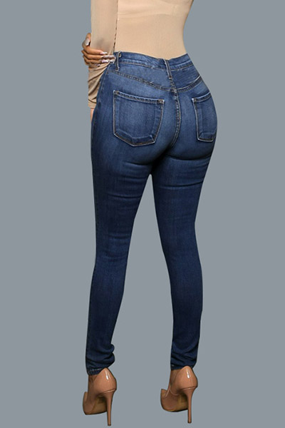 Stylish High Waist Broken Holes Dark Blue Cotton Skinny Pants