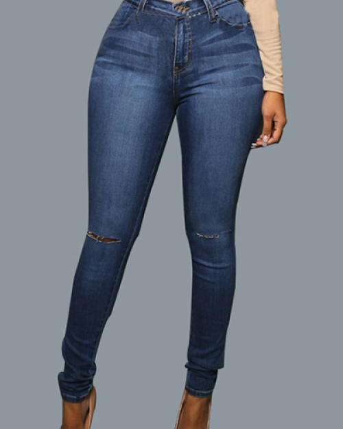 Stylish High Waist Broken Holes Dark Blue Cotton Skinny Pants Stylish High Waist Broken Holes Dark Blue Cotton Skinny Pants