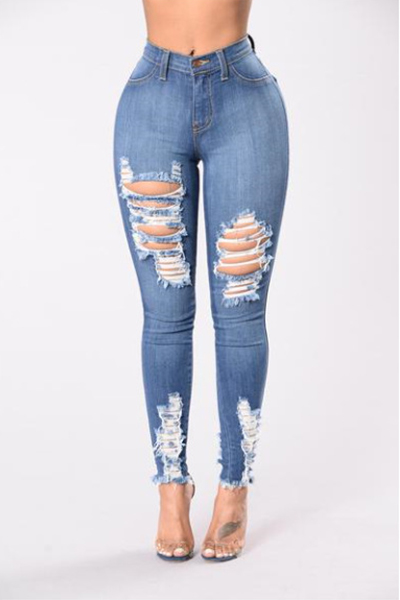 Stylish High Waist Broken Holes Light Blue Cotton Jeans