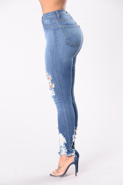 Stylish High Waist Broken Holes Light Blue Cotton Jeans