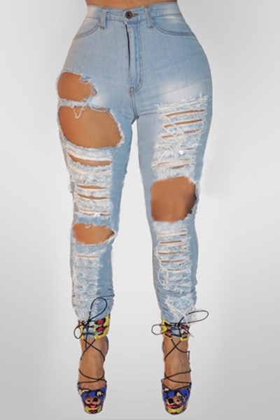 Stylish High Waist Broken Holes Light Blue Denim Pants