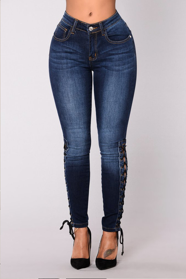 Stylish High Waist Dark Blue Denim Pants