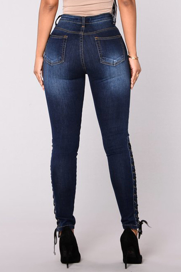 Stylish High Waist Dark Blue Denim Pants