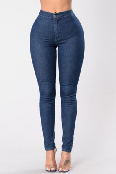 Stylish High Waist Dark Blue Denim Skinny Pants