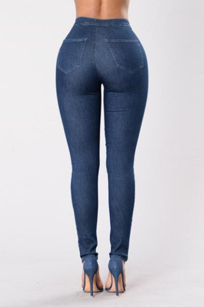 Stylish High Waist Dark Blue Denim Skinny Pants