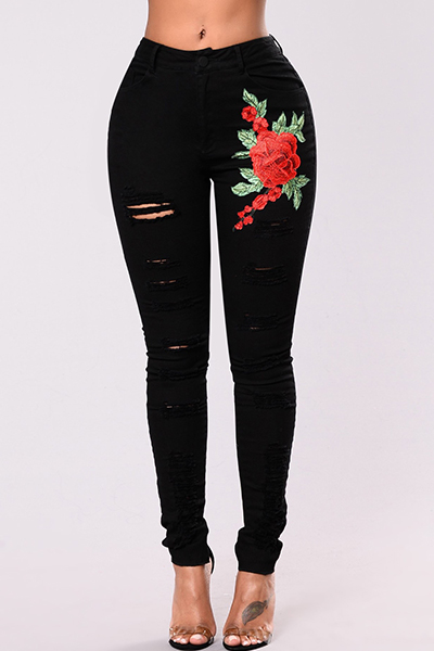 Stylish High Waist Embroidered Design Black Denim Pants