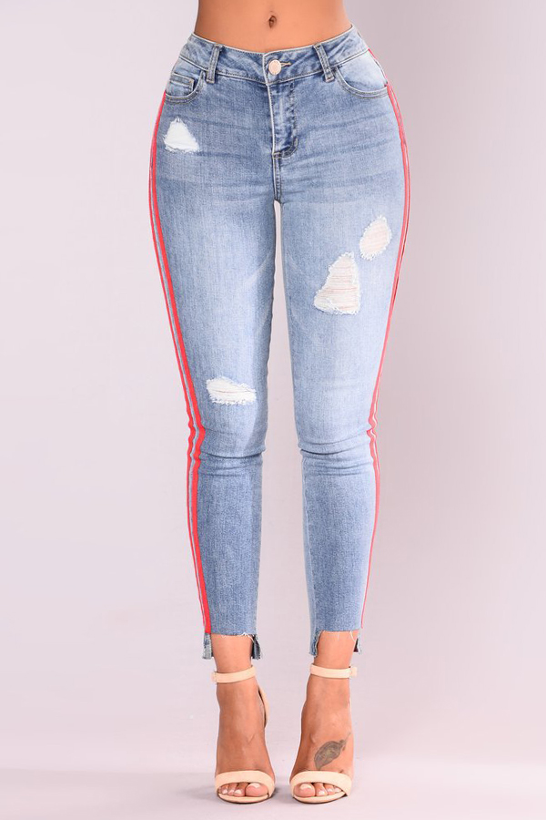 Stylish High Waist Patchwork Broken Holes Blue Denim Pants