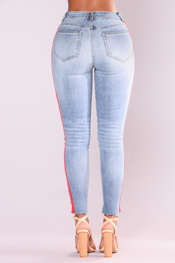 Stylish High Waist Patchwork Broken Holes Blue Denim Pants